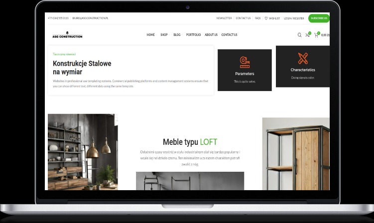 Ekran laptopa wyświetlający stronę internetową firmy ASG Construction z nagłówkiem 'Konstrukcje Stalowe na wymiar' oraz sekcjami poświęconymi meblom w stylu loft, prezentującymi zdjęcia metalowych...