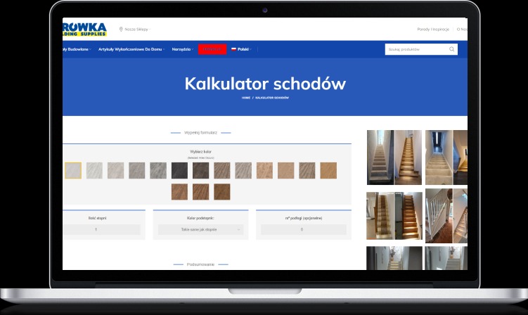 Laptop wyświetlający kalkulator schodów na stronie internetowej z możliwością wyboru koloru i podglądem realizacji.