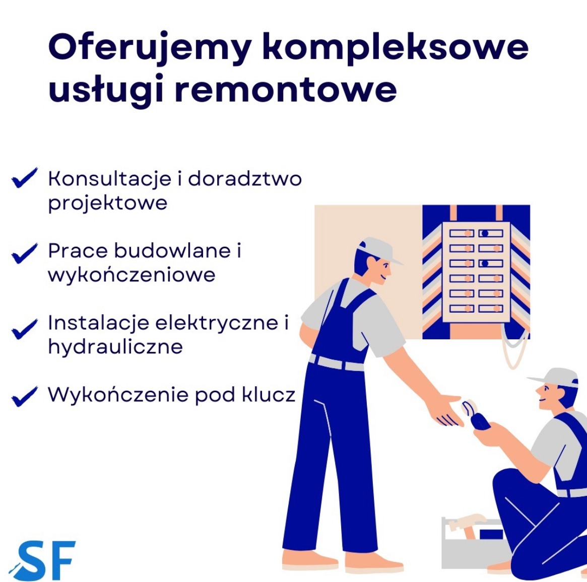 Ilustracja wektorowa przedstawiająca dwóch mężczyzn w kombinezonach podczas instalacji elektrycznej, z tekstem 'Oferujemy kompleksowe usługi remontowe' oraz listą usług.