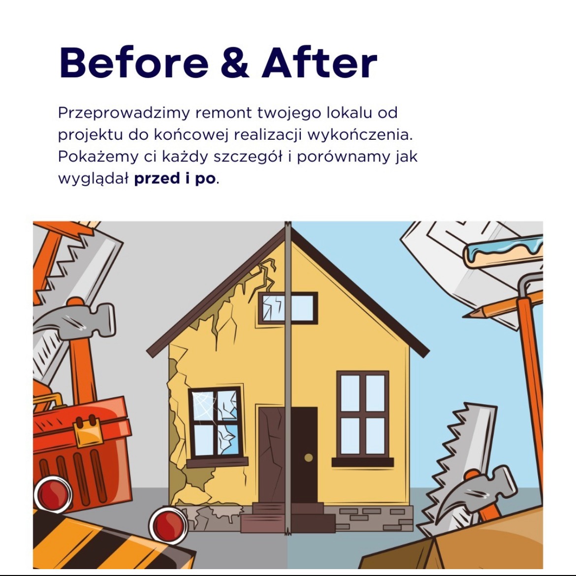 Grafika przedstawiająca dom przed i po remoncie, z narzędziami budowlanymi po bokach, ilustrująca porównanie stanu budynku przed i po wykonanych pracach.