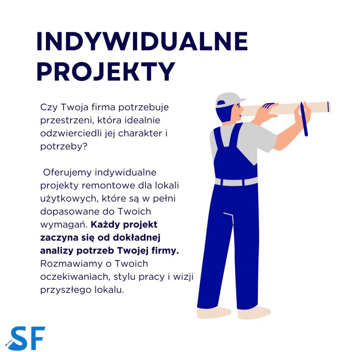 Grafika reklamowa: Indywidualne projekty remontowe dla lokali użytkowych, ilustracja pracownika w kombinezonie mierzącego przestrzeń.