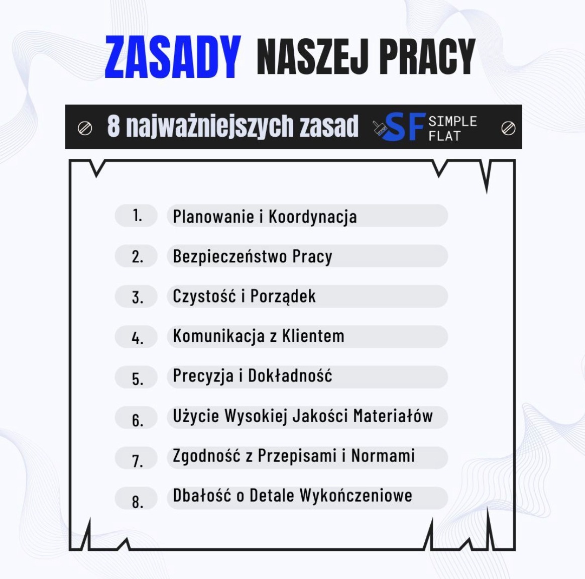 Grafika informacyjna z listą ośmiu zasad pracy firmy Simple Flat, obejmujących planowanie, bezpieczeństwo, czystość, komunikację, precyzję, materiały, zgodność z przepisami i dbałość o detale...