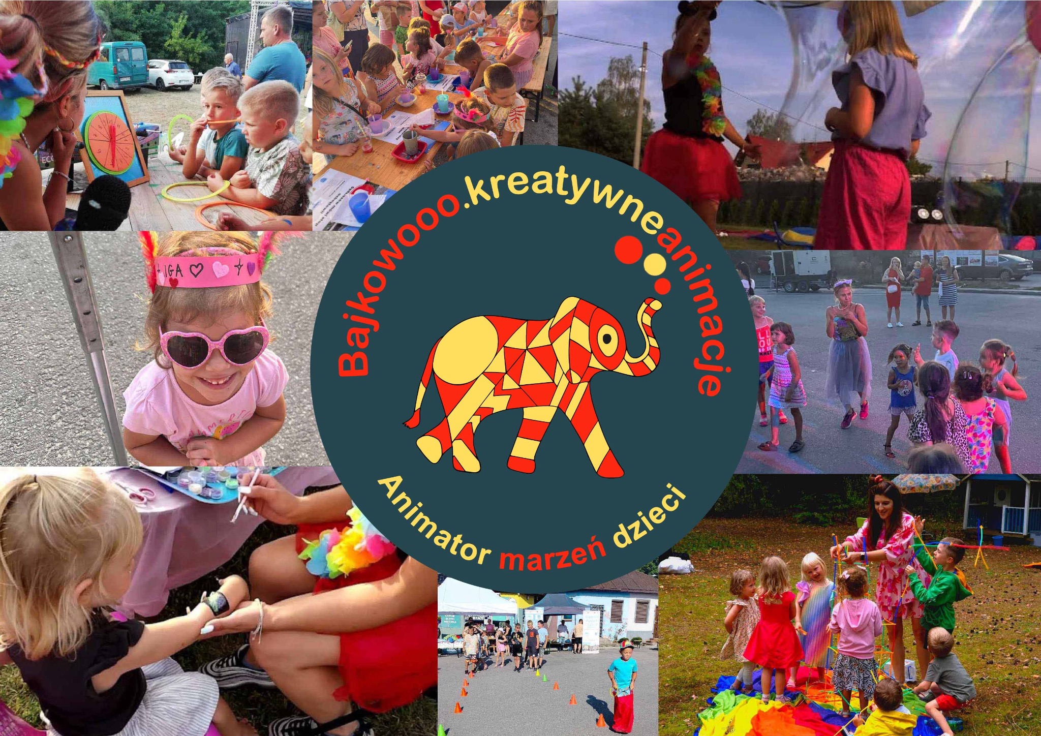 Kolaż zdjęć z animacji dla dzieci: malowanie twarzy, zabawy z chustą animacyjną, wyścigi w workach, pokazy iluzjonistyczne, logo firmy z motywem słonia.