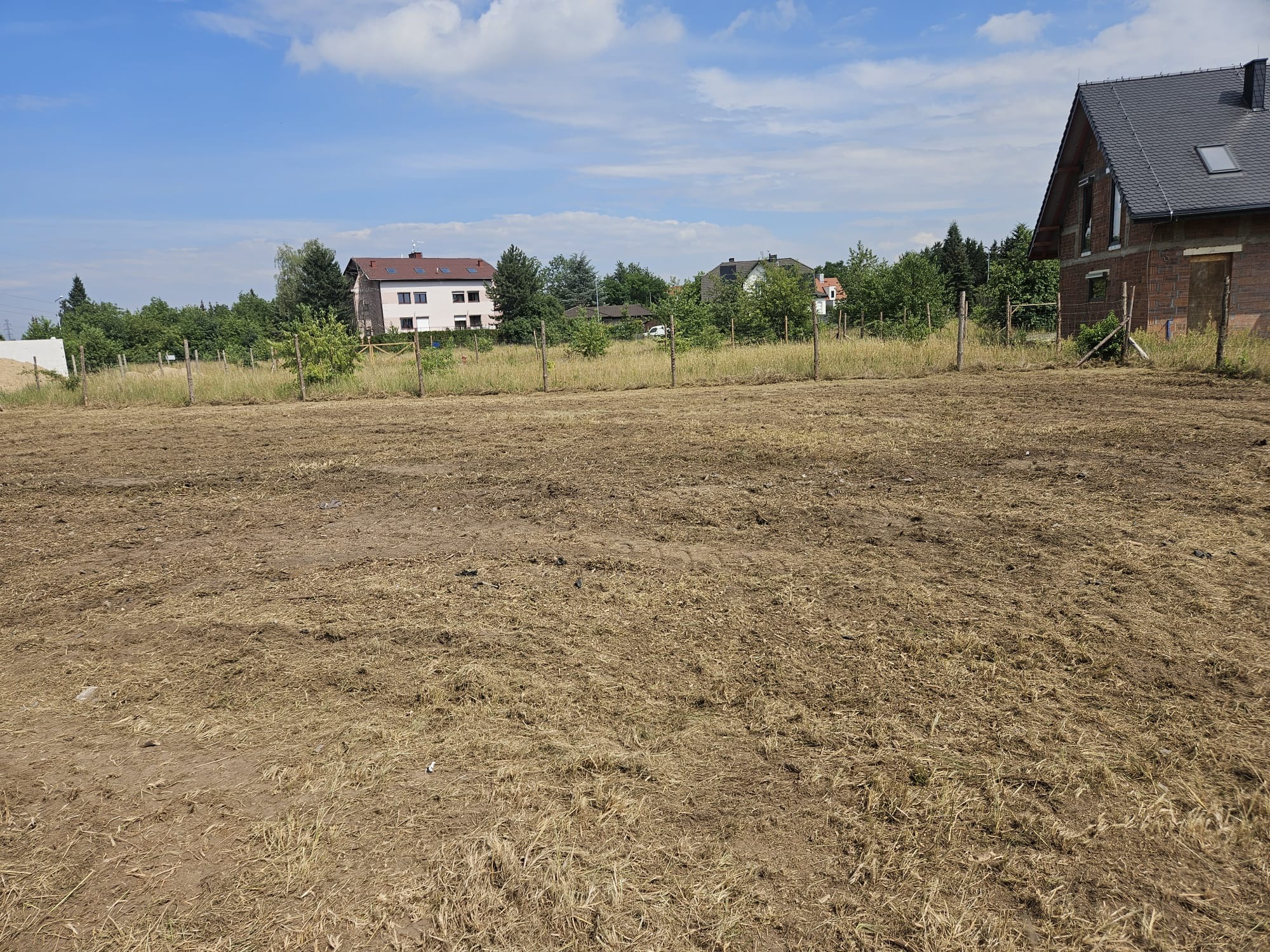 Działka budowlana po koszeniu i wyrównaniu gleby..