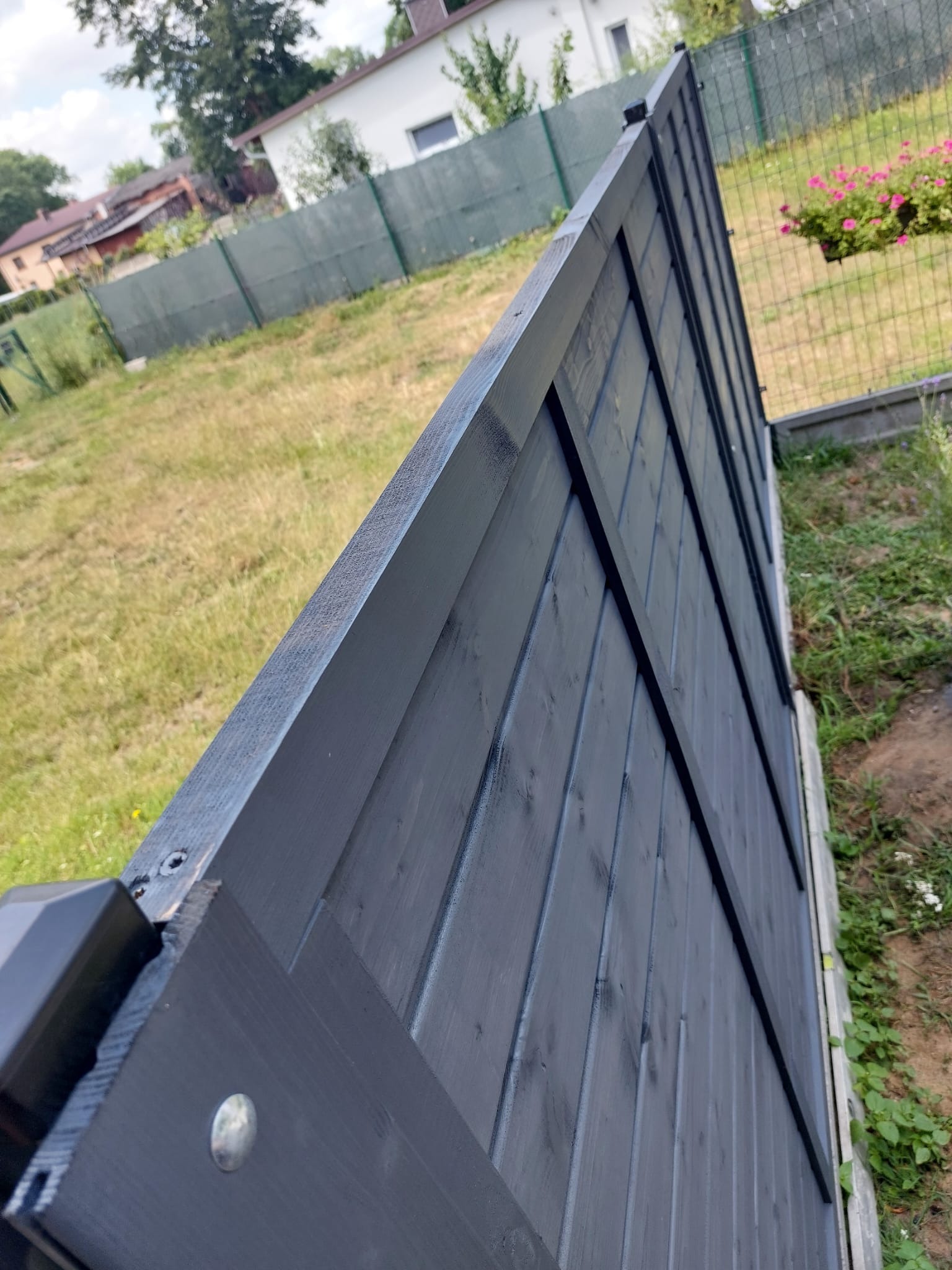 Świeżo pomalowane, grafitowe drewniane ogrodzenie z widocznymi śrubami, na tle trawnika i domu.