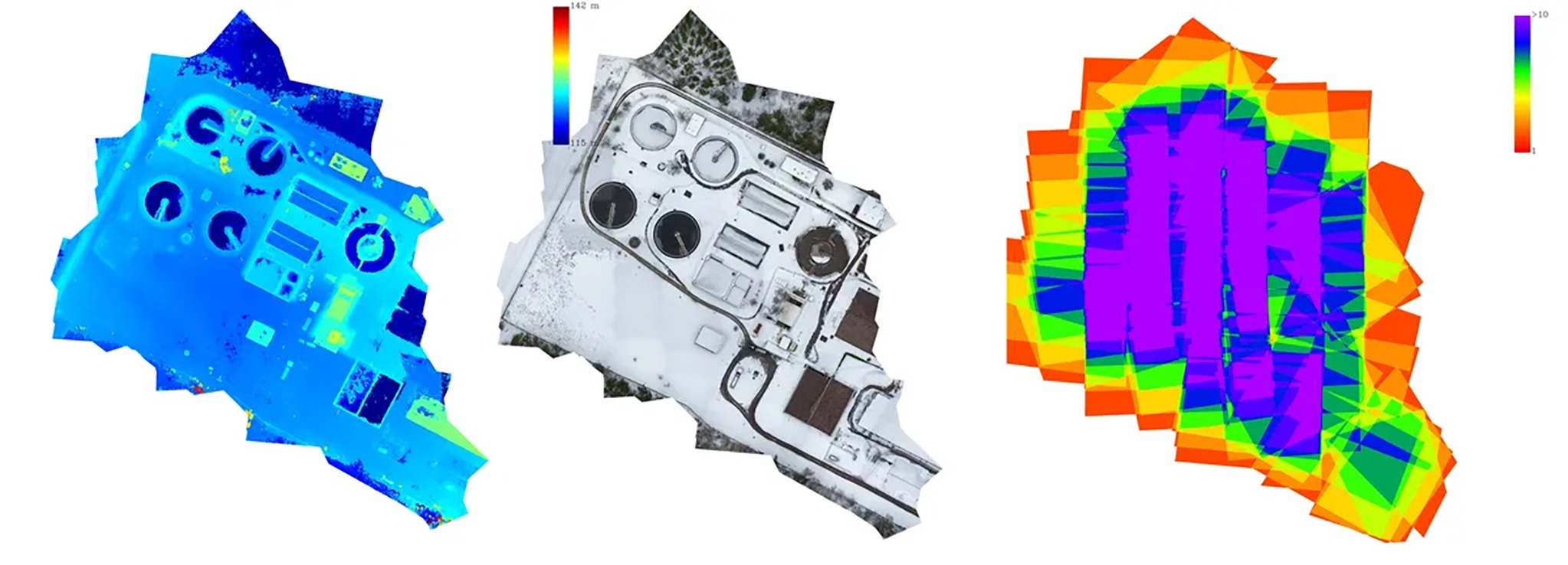 Ortomozaika terenu oczyszczalni ścieków zimą, z nałożoną mapą wysokościową i mapą gęstości pokrycia zdjęciami z drona.