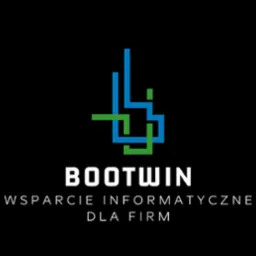 Logo firmy BOOTWIN z Przeworska, oferującej wsparcie informatyczne dla firm. Grafika przedstawia stylizowany, geometryczny symbol w kolorach niebieskim i zielonym, umieszczony nad nazwą firmy.