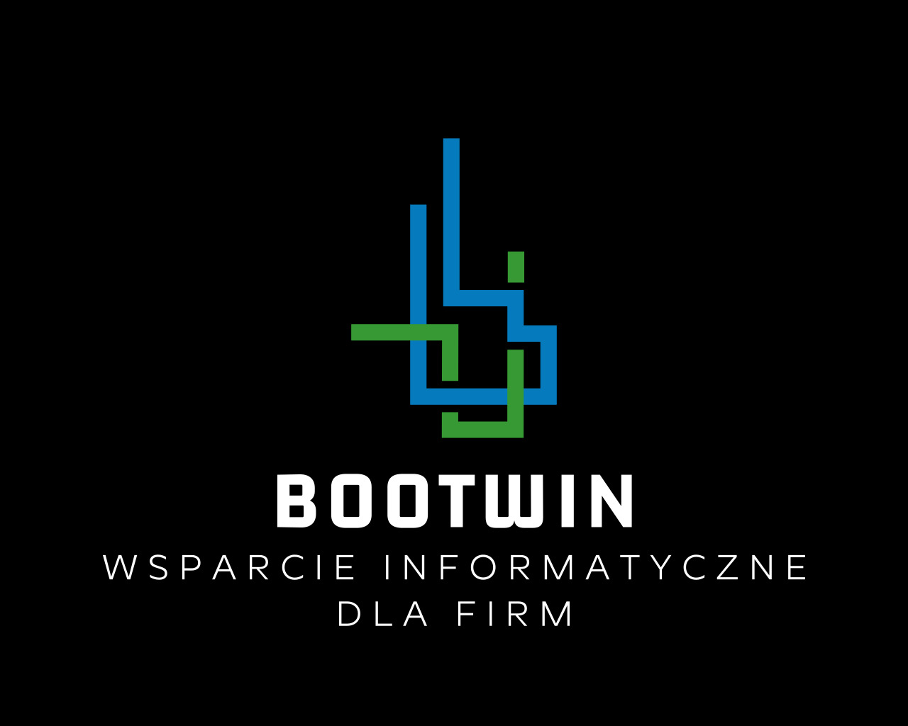 Logo firmy BOOTWIN z Przeworska, oferującej wsparcie informatyczne dla firm. Grafika przedstawia stylizowany, geometryczny symbol w kolorach niebieskim i zielonym, umieszczony nad nazwą firmy.