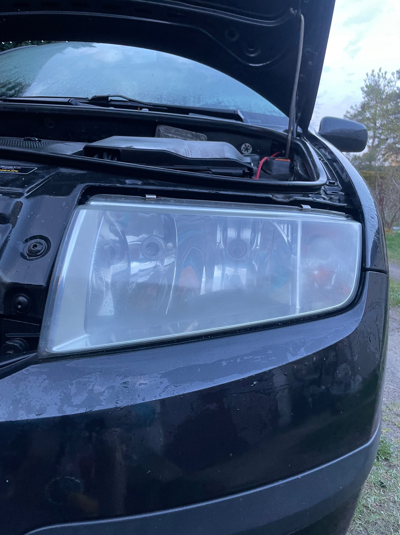 Przód czarnego samochodu z otwartą maską, skupiono na zmatowiałym kloszu reflektora przedniego, widoczne ślady wilgoci na lakierze.