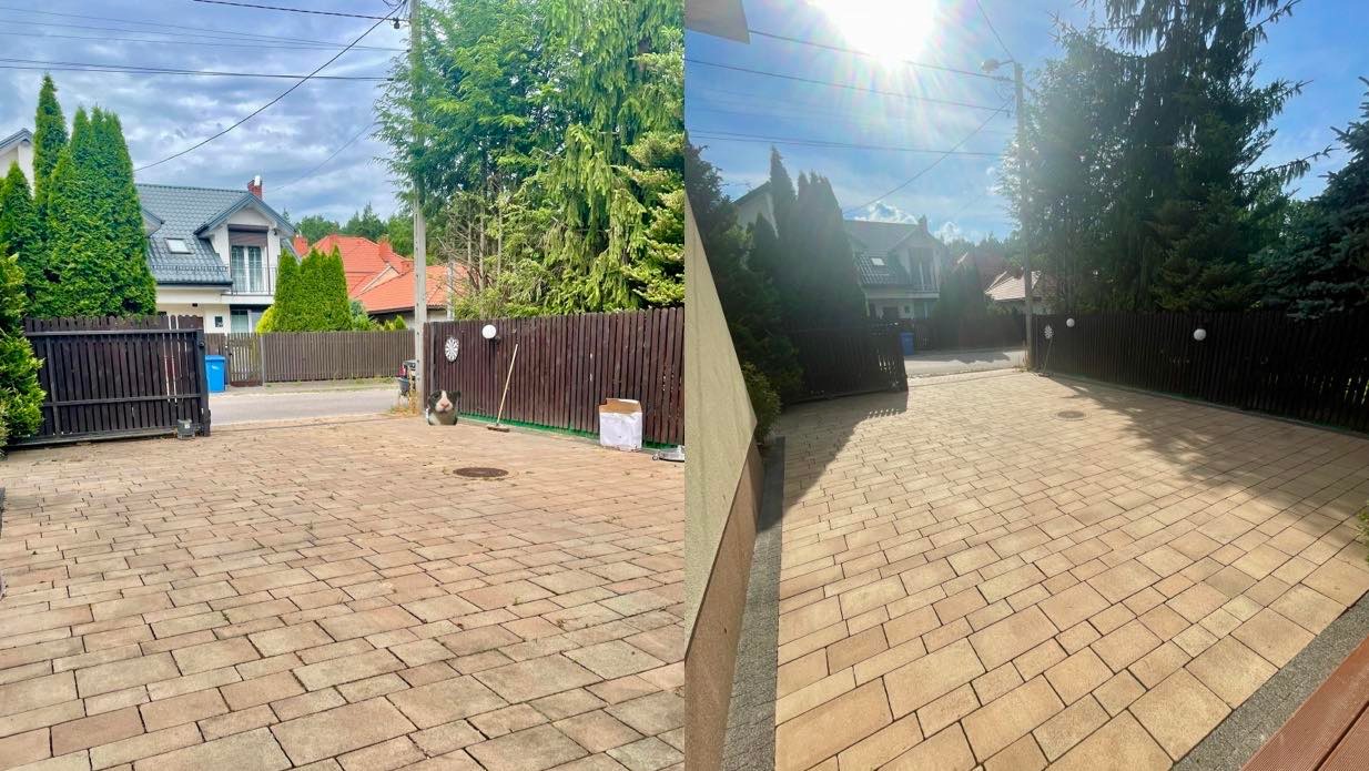 Kostka brukowa przed domem w Otwocku, podzielona na część wyczyszczoną i zabrudzoną, widoczne różnice w kolorze i czystości.