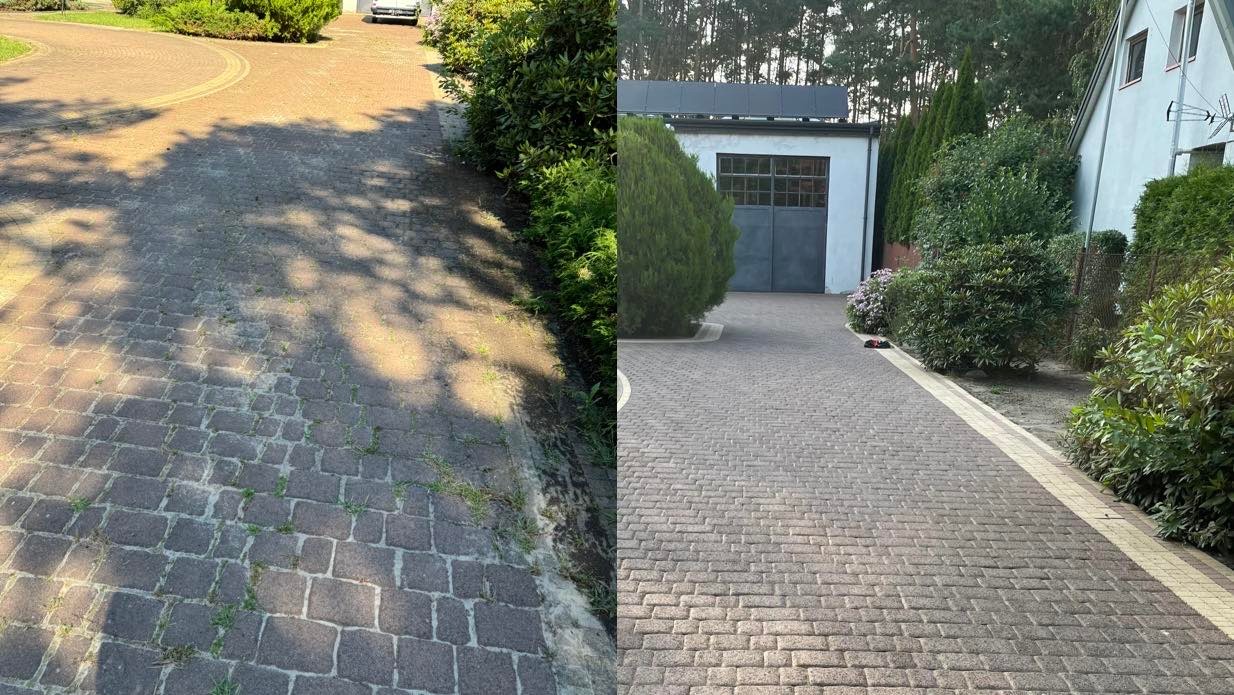 Porównanie stanu kostki brukowej przed i po czyszczeniu, widoczne różnice w kolorze i usunięcie zabrudzeń oraz roślinności.