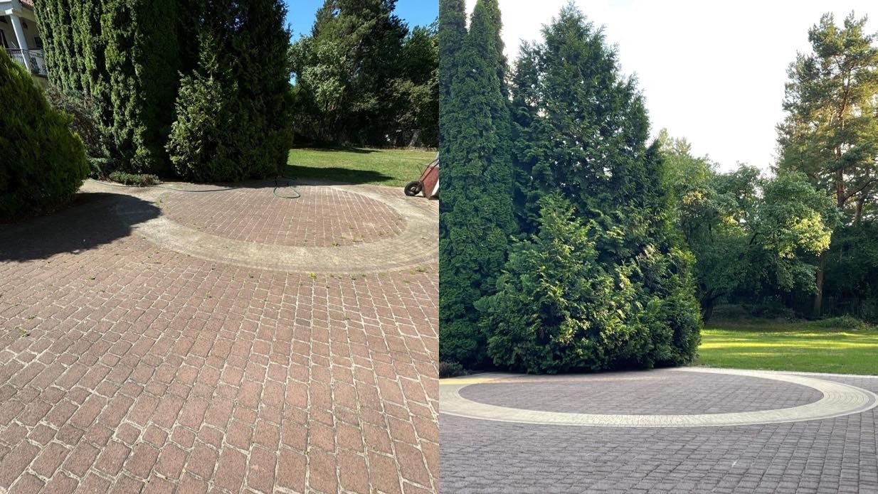Porównanie stanu kostki brukowej przed i po czyszczeniu, widoczne różnice w kolorze i usunięte zabrudzenia, otoczenie zieleni.
