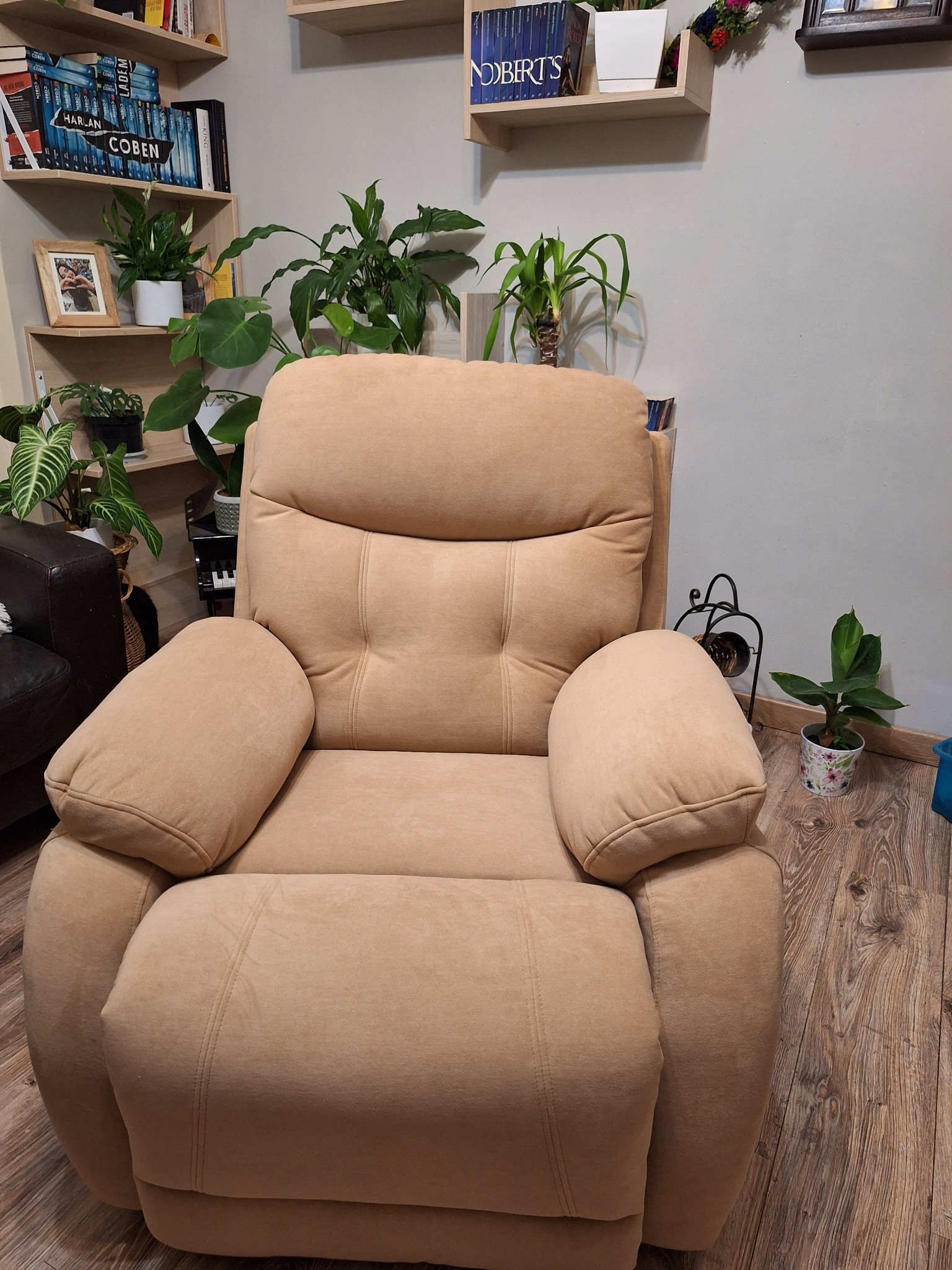 Beżowy, tapicerowany fotel z funkcją relaksacyjną w pokoju z drewnianą podłogą i półkami pełnymi książek oraz roślin doniczkowych.