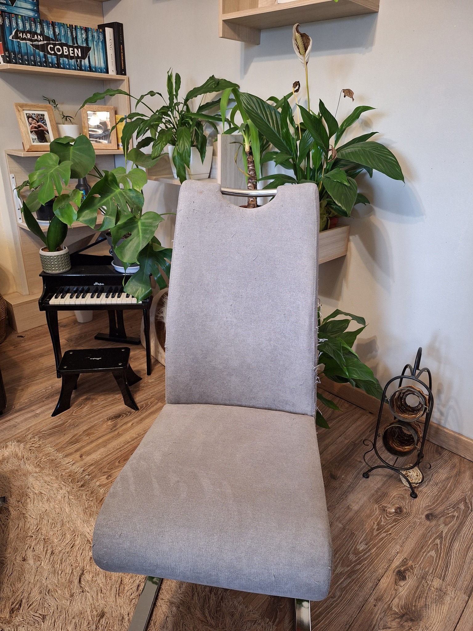 Szare krzesło tapicerowane na metalowych nogach, na tle ściany z półkami, roślinami doniczkowymi i dekoracjami, w tym miniaturowe pianino Hape.