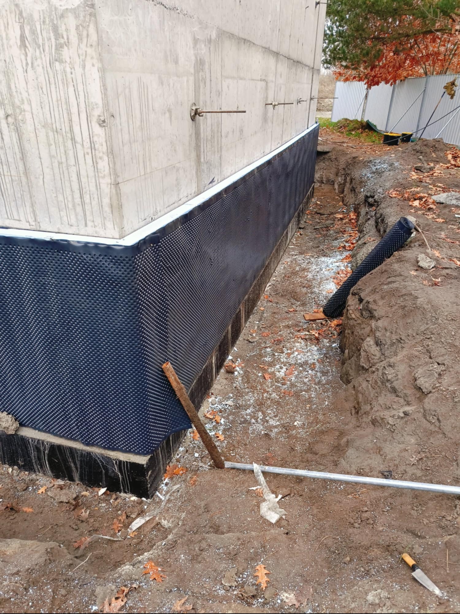 Hydroizolacja pionowa fundamentu z folii kubełkowej, widoczny fragment betonowej ściany fundamentowej z wystającymi prętami, wykop wokół fundamentu z resztkami liści.