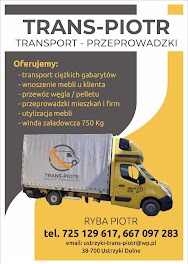 Plakat reklamowy firmy Trans-Piotr oferującej transport i przeprowadzki, z żółtym samochodem dostawczym z logo firmy na tle, wykazem usług obejmującym transport ciężkich gabarytów, wnoszenie mebli,...