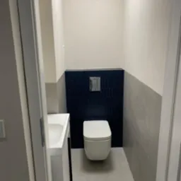 Nowoczesna toaleta po remoncie: biała ceramika, granatowe płytki o unikalnym kształcie i szare ściany. Minimalistyczny design, widok zza uchylonych drzwi.