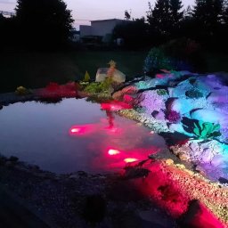 Mariusz Radwański Usługi Ogrodnicze - Oświetlone oczko wodne nocą z czerwonymi i niebieskimi światłami, kamieniami i roślinami na brzegu.