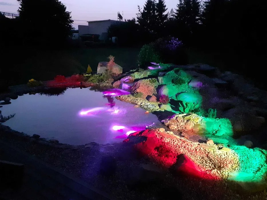 Oświetlony wielobarwnymi reflektorami, mały staw ogrodowy z kaskadą, otoczony kamieniami i roślinnością, sfotografowany o zmierzchu.