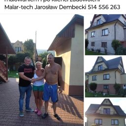 Jarosław Dembecki Malar-Tech - Zdjęcie elewacji domu przed i po odświeżeniu, zadowoleni klienci i wykonawca w trakcie uścisku dłoni na tle kostki brukowej.