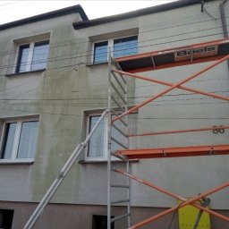 Jarosław Dembecki Malar-Tech - Dwukondygnacyjny budynek z elewacją częściowo pokrytą zielonym nalotem, z widocznym rusztowaniem na pierwszym planie, sugerującym prace renowacyjne lub czyszczenie.