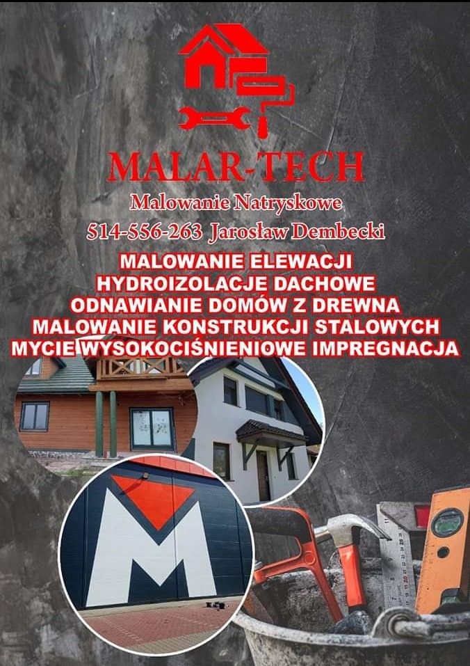 Ulotka reklamowa firmy Malar-Tech z ofertą malowania natryskowego, elewacji, hydroizolacji dachowych, odnawiania domów z drewna, malowania konstrukcji stalowych i mycia wysokociśnieniowego.