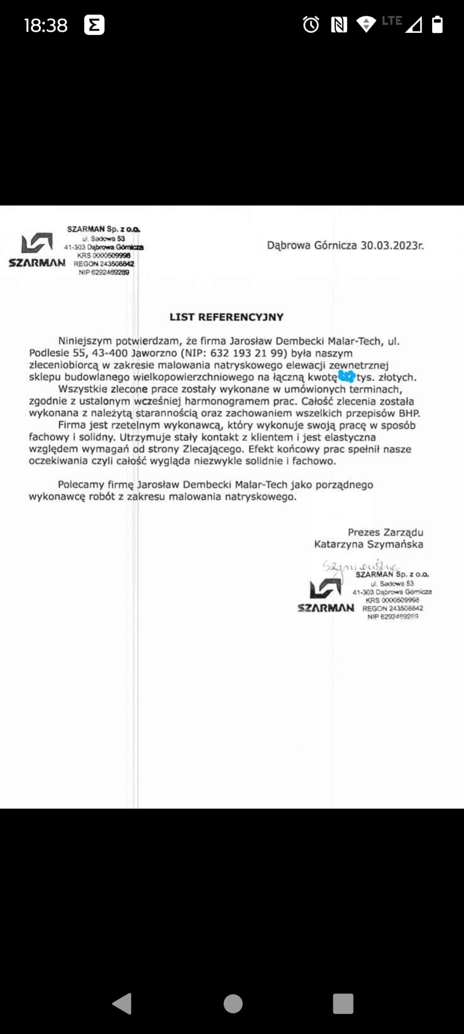 Skan listu referencyjnego dla firmy Jarosław Dembecki Malar-Tech za malowanie natryskowe elewacji sklepu budowlanego, wystawionego przez SZARMAN Sp. z o.o. z Dąbrowy Górniczej.