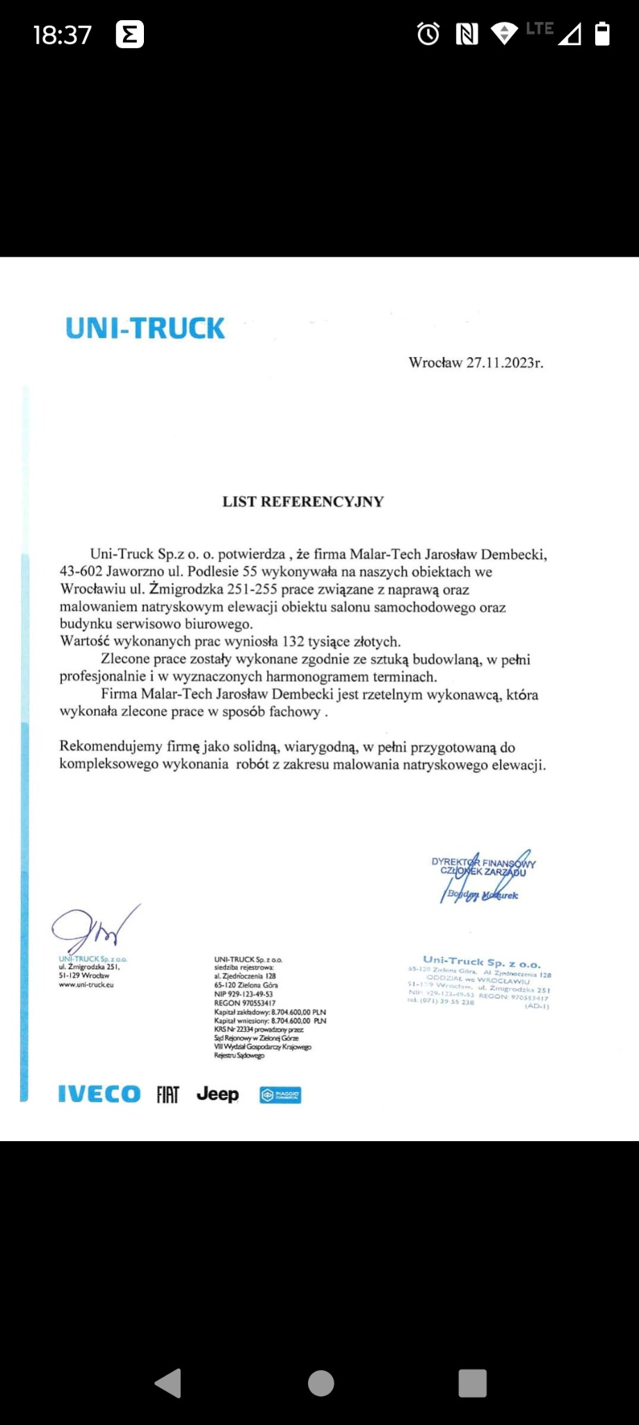 Skan listu referencyjnego od Uni-Truck dla firmy Malar-Tech Jarosław Dembecki, potwierdzający wykonanie prac związanych z naprawą i malowaniem natryskowym elewacji salonu samochodowego we Wrocławiu.