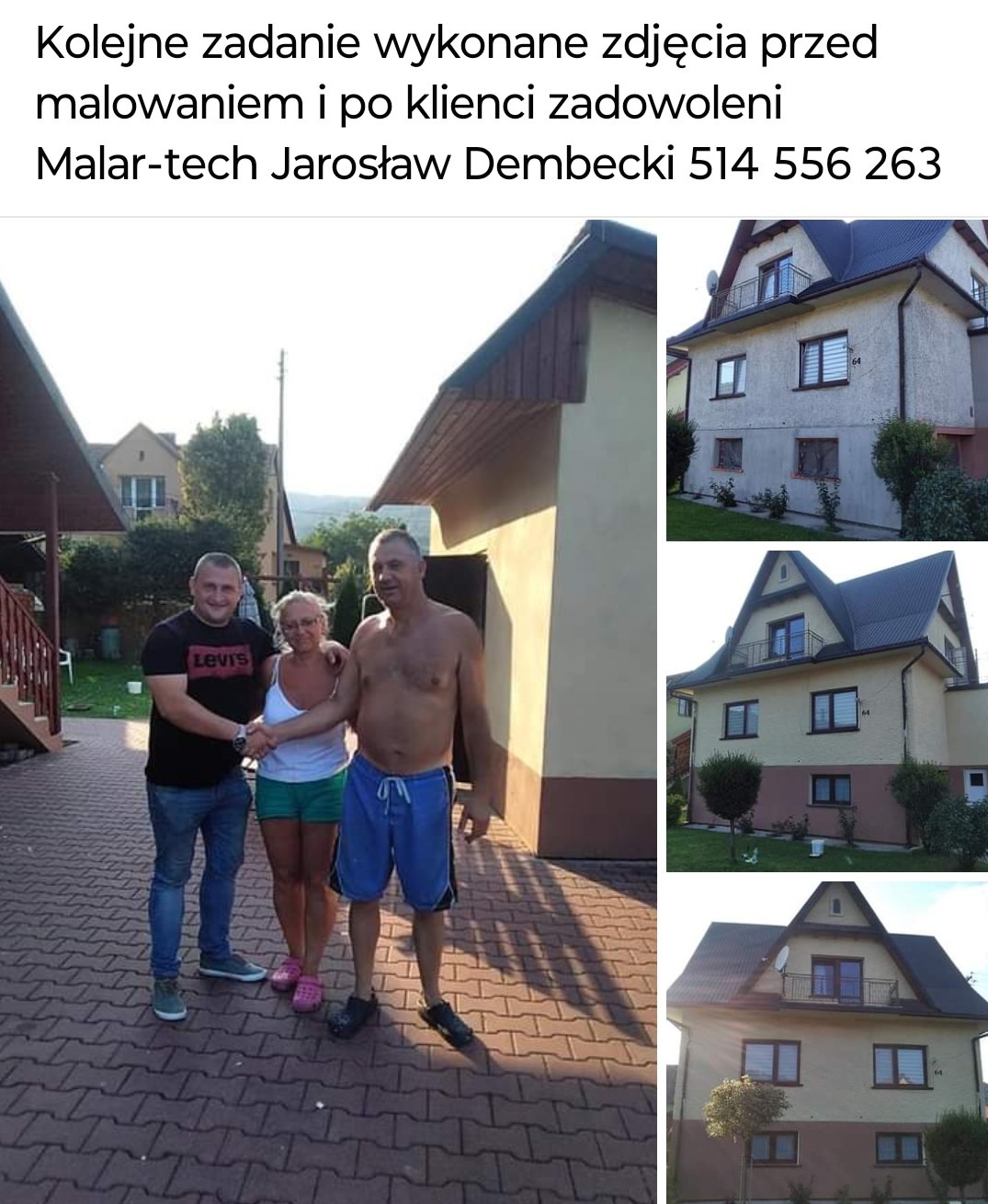 Zdjęcie elewacji domu przed i po odświeżeniu, zadowoleni klienci i wykonawca w trakcie uścisku dłoni na tle kostki brukowej.