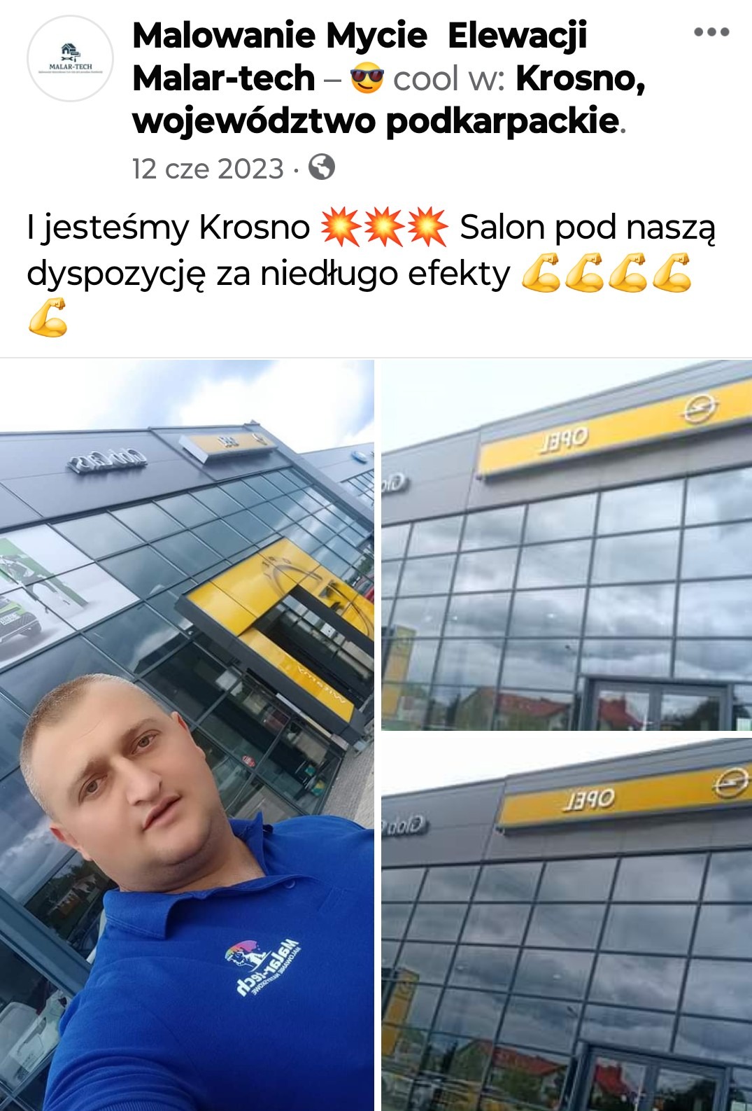 Mężczyzna w niebieskiej koszulce z logo firmy na tle przeszklonej elewacji salonu samochodowego Opel po umyciu.