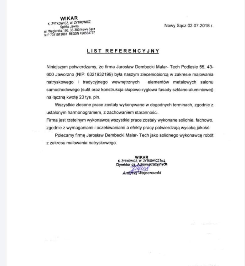 Skan listu referencyjnego od firmy Wikar potwierdzającego wykonanie prac malarskich natryskowych i tradycyjnych wewnętrznych elementów metalowych salonu samochodowego przez firmę Jarosław Dembecki...