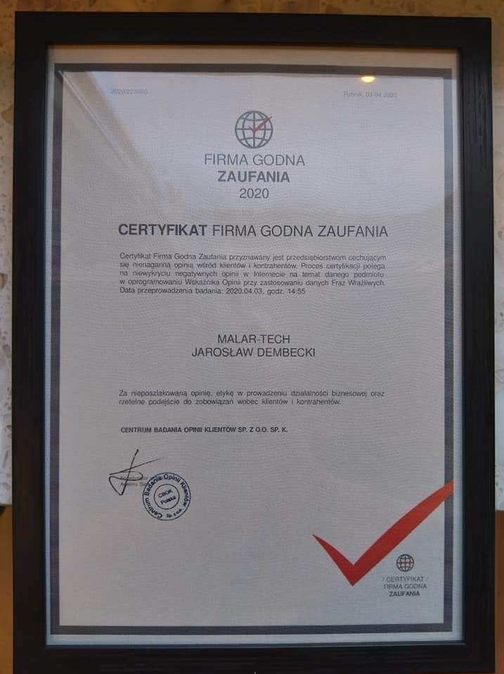 Oprawiony w ramkę certyfikat 'Firma Godna Zaufania 2020' dla MALAR-TECH Jarosław Dembecki, potwierdzający brak negatywnych opinii w Internecie, z pieczęcią Centrum Badania Opinii Klientów...