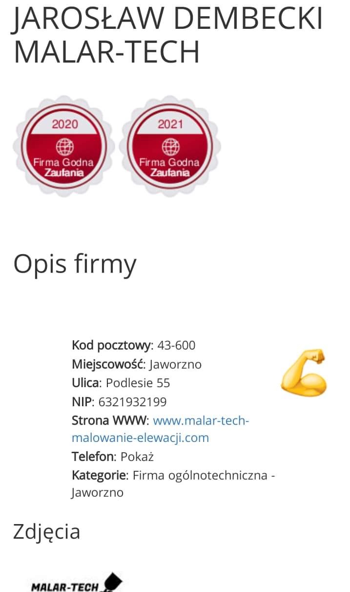 Profil firmy Jarosław Dembecki MALAR-TECH z nagrodami Firma Godna Zaufania za lata 2020 i 2021 oraz danymi kontaktowymi i adresem strony internetowej malar-tech-malowanie-elewacji.com.