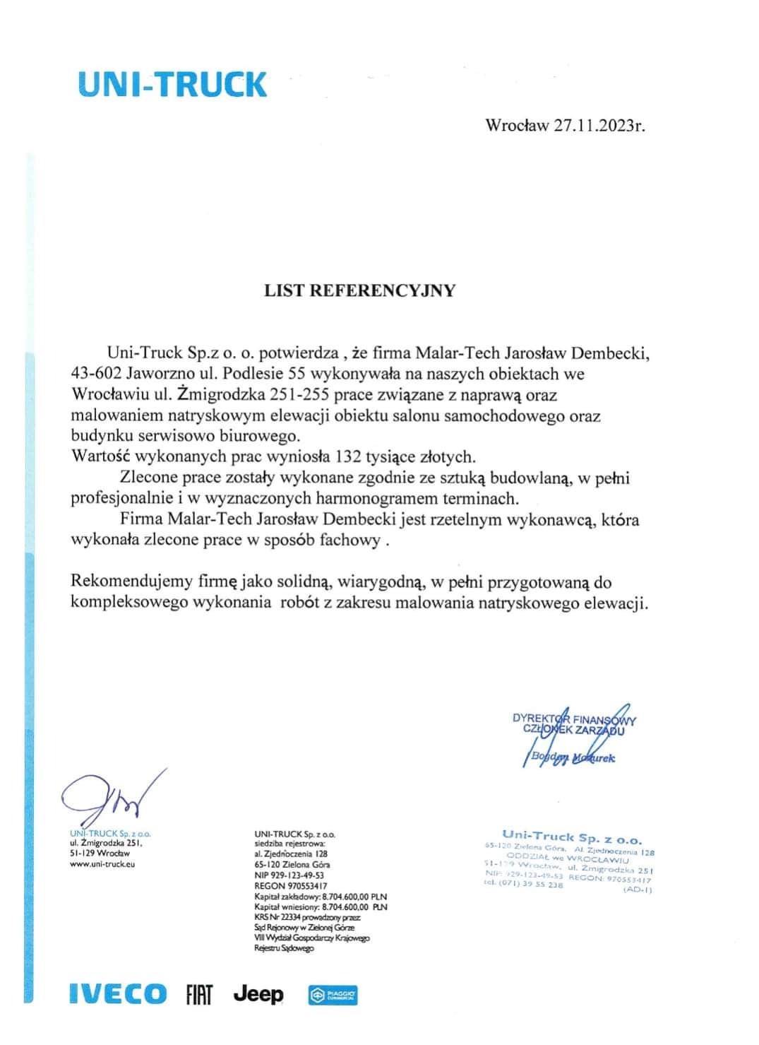 Skan listu referencyjnego potwierdzającego wykonanie prac związanych z naprawą i natryskowym malowaniem elewacji salonu samochodowego i budynku biurowo-serwisowego przez firmę Malar-Tech Jarosław...
