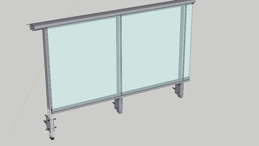 Wizualizacja 3D balustrady szklanej z metalowymi profilami, mocowanej do podłoża za pomocą wsporników z widocznymi śrubami.