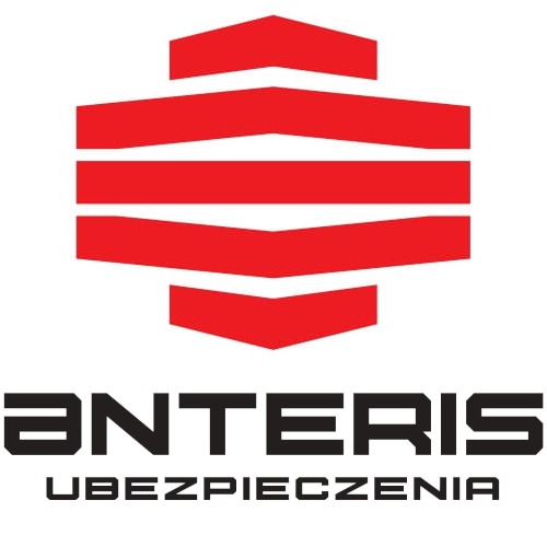Logo firmy Anteris Ubezpieczenia z czerwonym, geometrycznym symbolem powyżej nazwy.