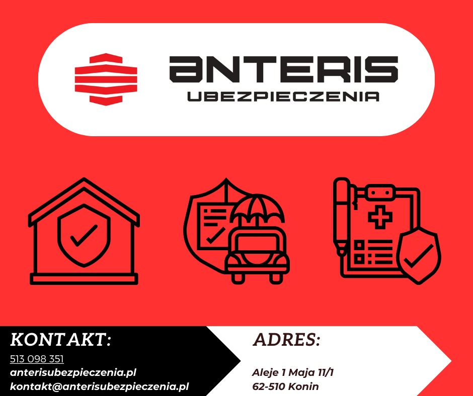 Grafika reklamowa firmy ubezpieczeniowej Anteris Ubezpieczenia z ikonami domu, samochodu pod parasolem i dokumentów medycznych, na czerwonym tle z danymi kontaktowymi.