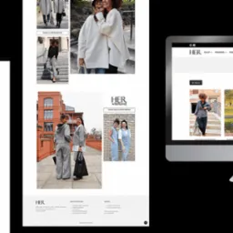Prezentacja responsywnego sklepu internetowego 'HER' na monitorze, z widocznymi kolekcjami odzieży oraz wersją mobilną witryny obok. Firma działa w Nowym Tomyślu.