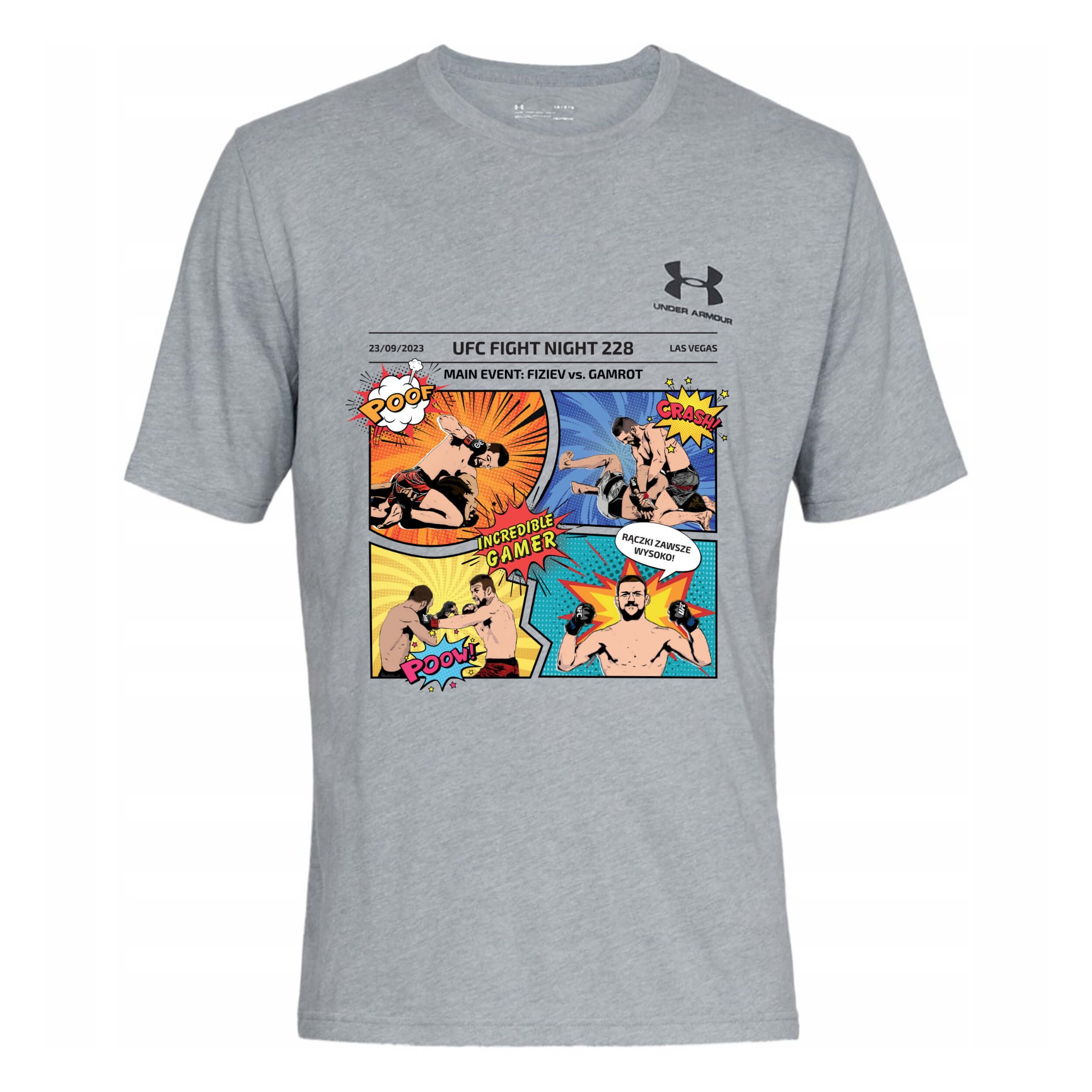 Szara koszulka Under Armour z nadrukiem komiksowym przedstawiającym sceny z UFC Fight Night 228: Fiziev vs. Gamrot, z datą 23/09/2023 i lokalizacją Las Vegas.