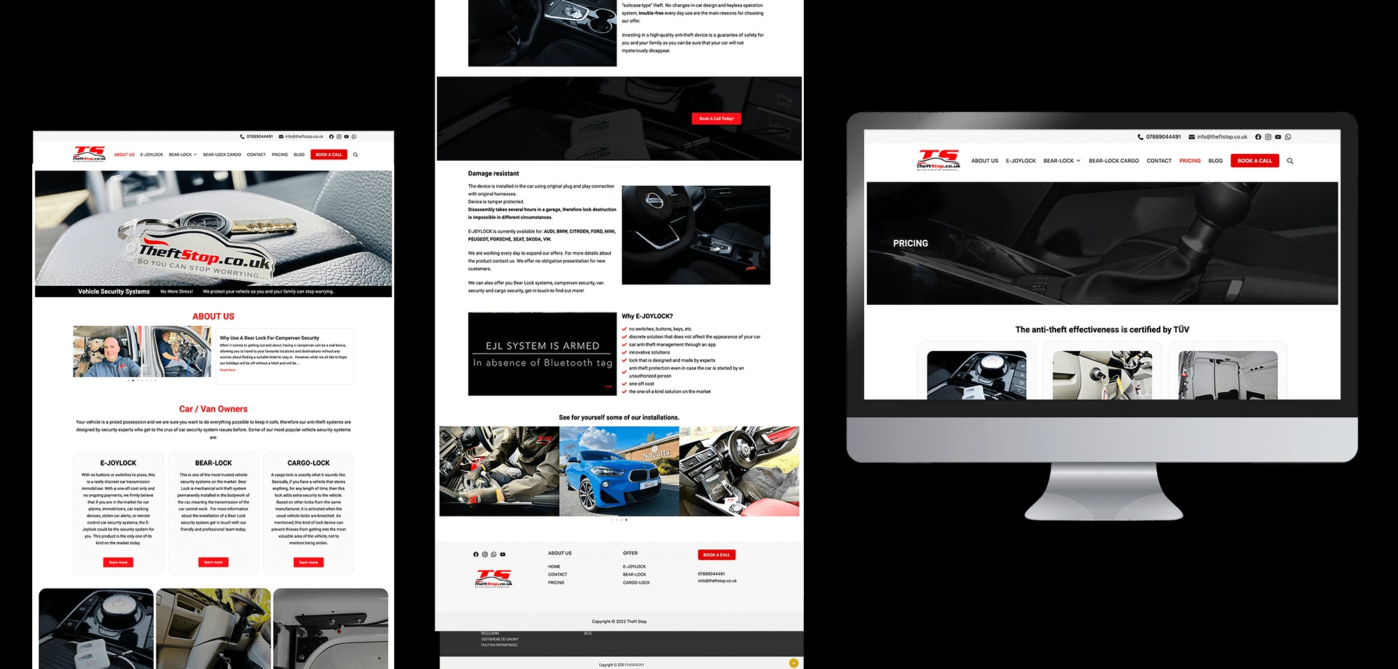 Komputer stacjonarny wyświetla stronę internetową firmy zajmującej się zabezpieczeniami samochodowymi, prezentującą ofertę systemów antykradzieżowych z logo i danymi kontaktowymi.