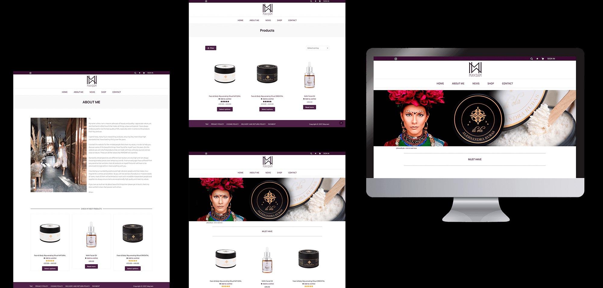 Prezentacja responsywnej strony internetowej Mayzam na monitorze, ukazująca sekcję 'About Me', produkty kosmetyczne oraz portret kobiety z kwiatami we włosach.