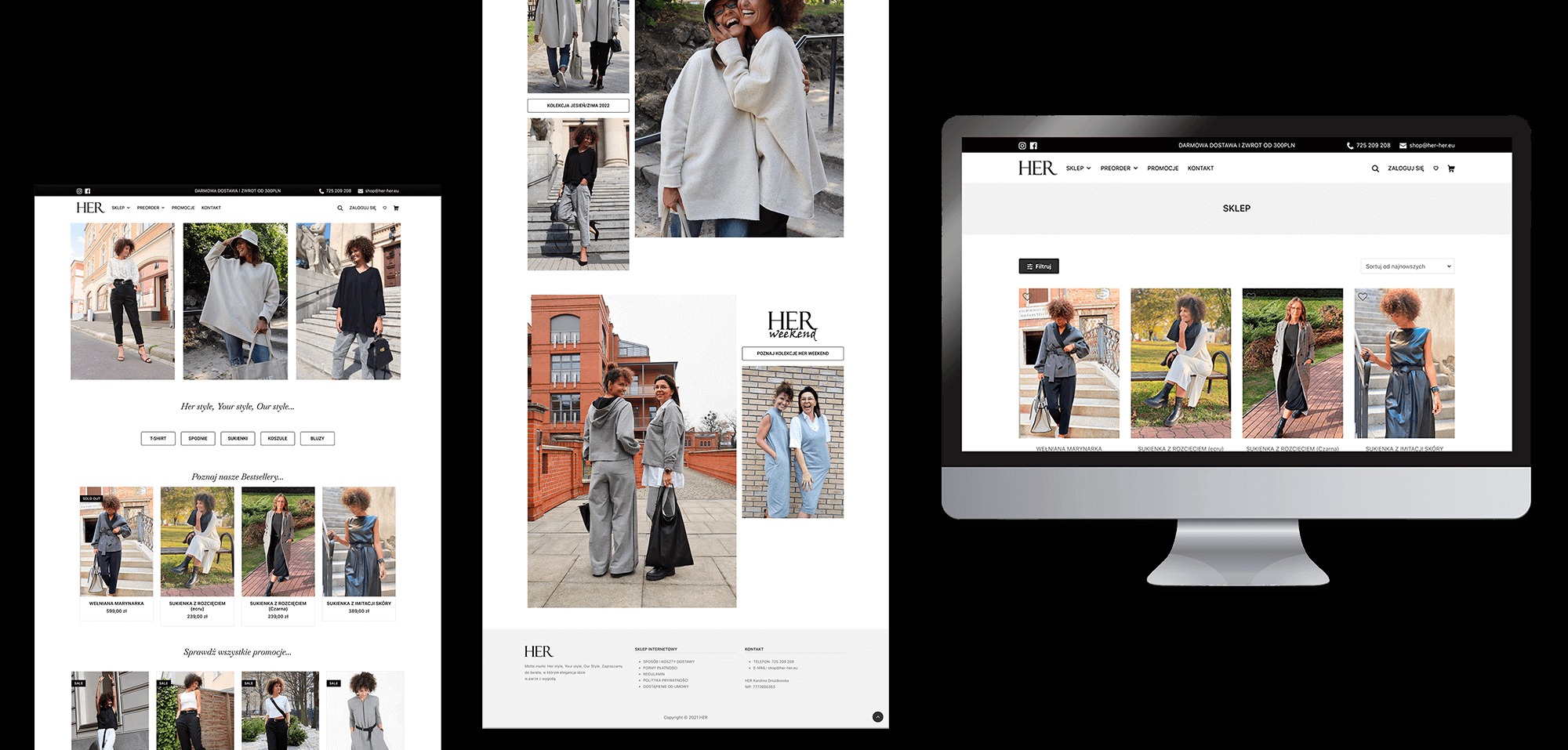 Prezentacja responsywnego sklepu internetowego 'HER' na monitorze, z widocznymi kolekcjami odzieży oraz wersją mobilną witryny obok. Firma działa w Nowym Tomyślu.