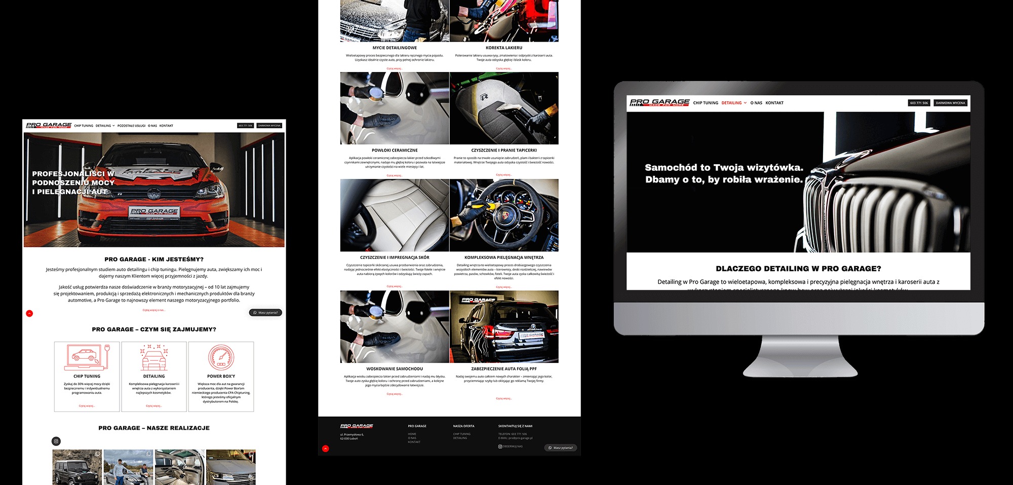Strona internetowa firmy detailingowej Pro Garage wyświetlana na ekranie komputera, prezentująca ofertę usług: mycie detailingowe, korekta lakieru, powłoki ceramiczne, czyszczenie tapicerki...