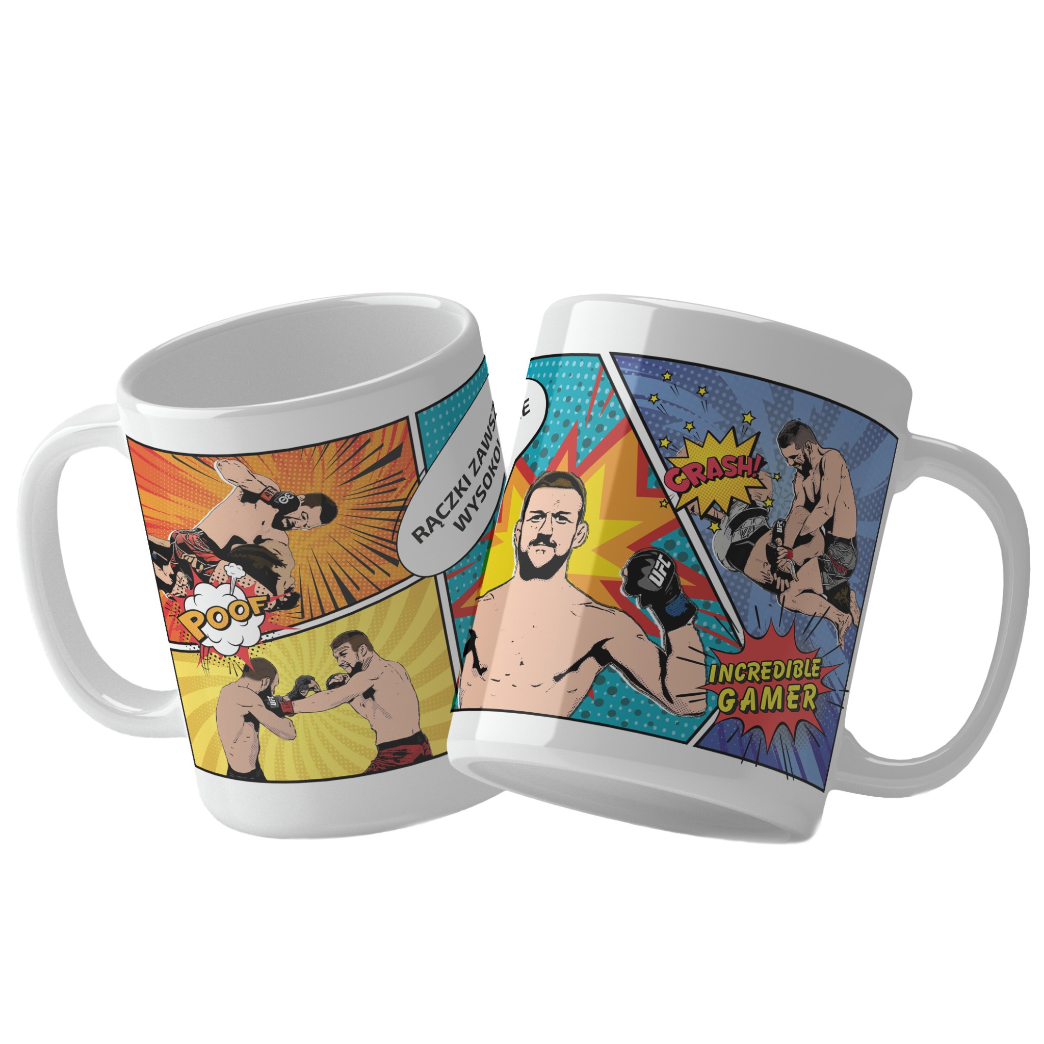 Dwa białe kubki z grafiką w stylu komiksowym przedstawiającą zawodnika MMA w różnych scenach walki, z napisami 'RĄCZKI ZAWSZE WYSOKO' i 'INCREDIBLE GAMER'.