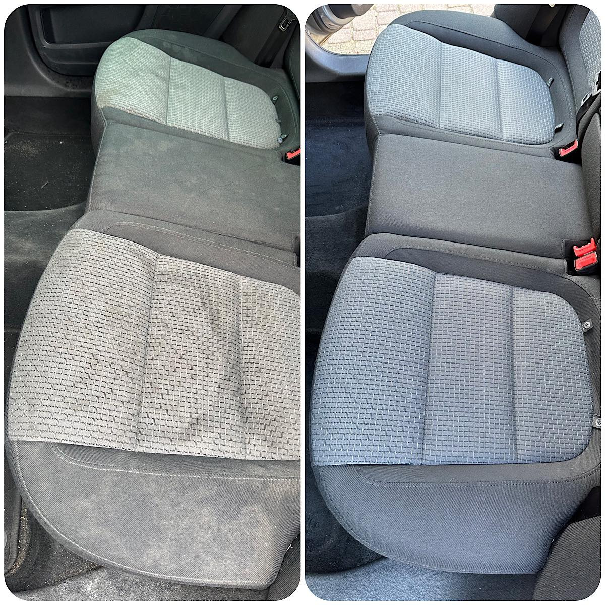 Porównanie tylnej kanapy samochodu przed i po czyszczeniu. Po lewej stronie widoczne zabrudzenia na szarej tapicerce, po prawej kanapa po wyczyszczeniu, z odświeżonym kolorem i brakiem plam.