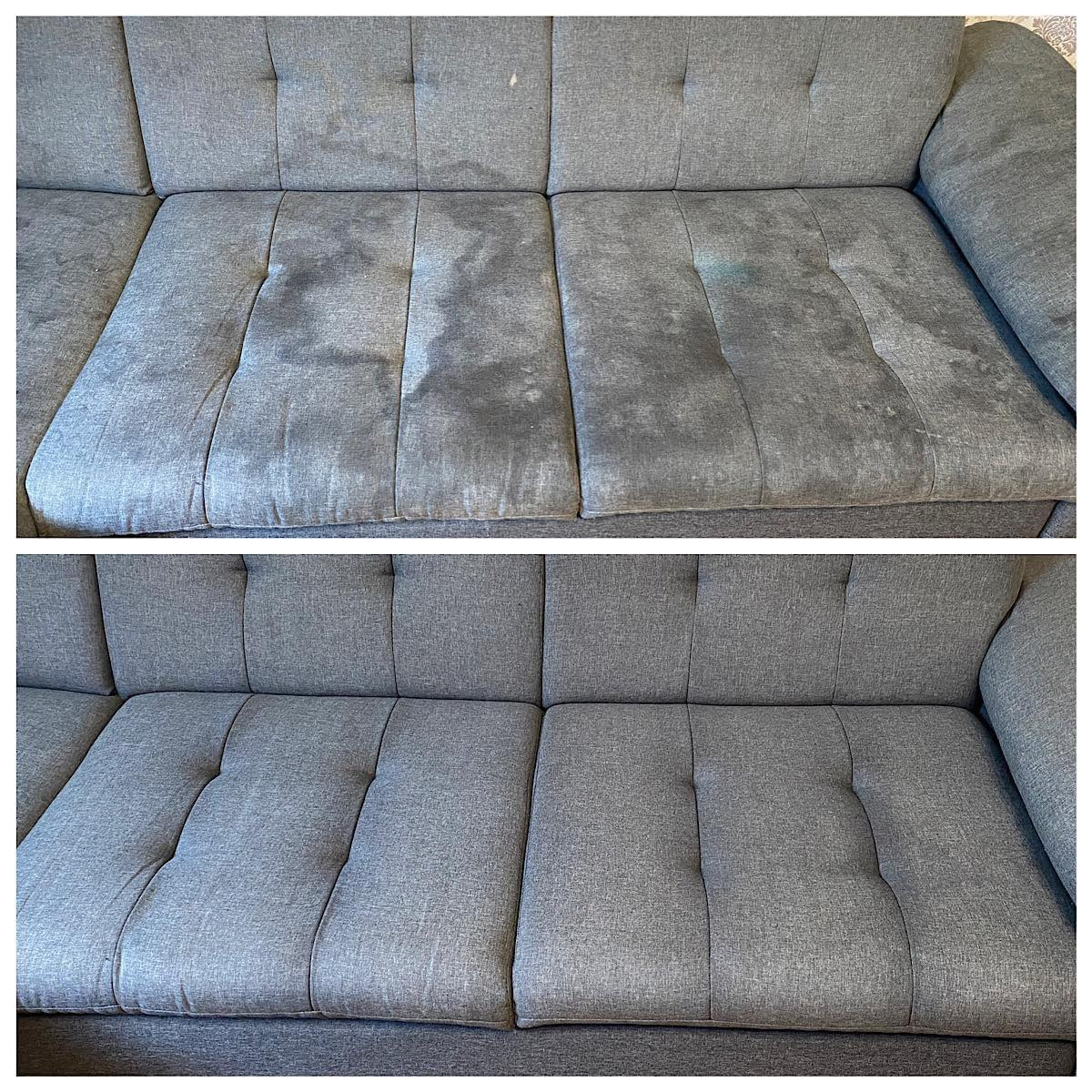 Szara, tapicerowana kanapa modułowa: górny kadr przedstawia widoczne plamy i zabrudzenia na siedzisku, dolny kadr ukazuje ten sam fragment po czyszczeniu, z wyraźnie odświeżonym kolorem i brakiem...