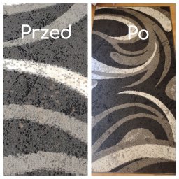SoftClean Olha Shydlovska - Dywan z geometrycznym wzorem w odcieniach szarości, zestawienie stanu przed i po czyszczeniu, widoczne różnice w intensywności kolorów i usunięciu zabrudzeń.