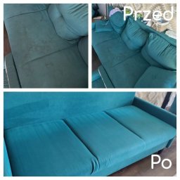 SoftClean Olha Shydlovska - Turkusowa kanapa przed i po praniu tapicerki: widoczne plamy na górnym zdjęciu 'Przed', a dolne zdjęcie 'Po' ukazuje czystą, odświeżoną powierzchnię kanapy.