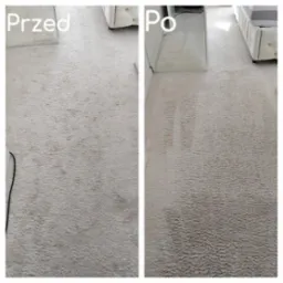 Dzielone zdjęcie: po lewej beżowy dywan z widocznymi plamami i zabrudzeniami oznaczony jako 'Przed', po prawej ten sam dywan po czyszczeniu, bez plam i zabrudzeń, oznaczony jako 'Po', fragment...