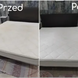 Porównanie materaca przed i po czyszczeniu, widoczne plamy na lewej stronie i czysta powierzchnia po prawej.